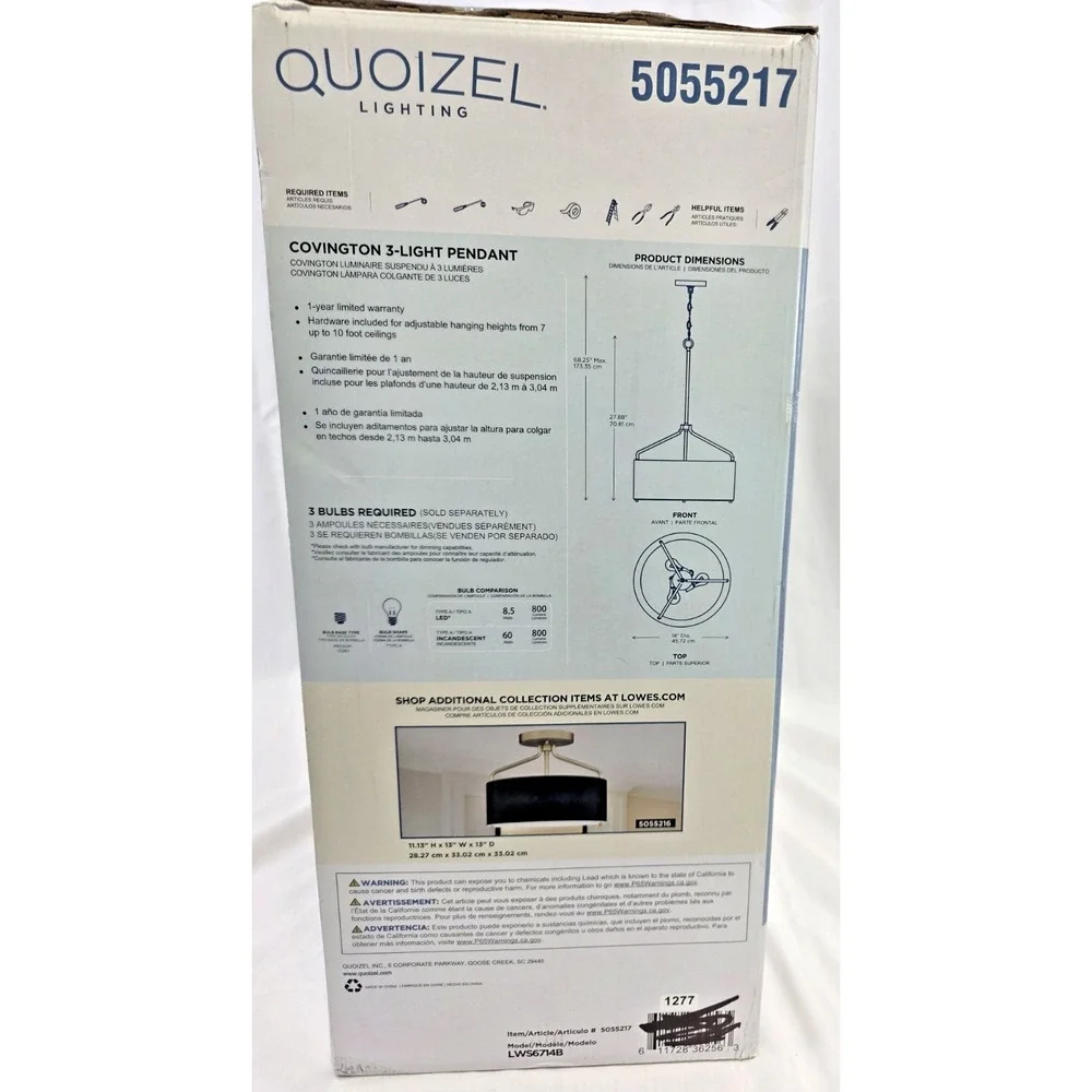 Quoizel LWS6714B Covington 3-Light Drum Pendant Black Gold NIB
